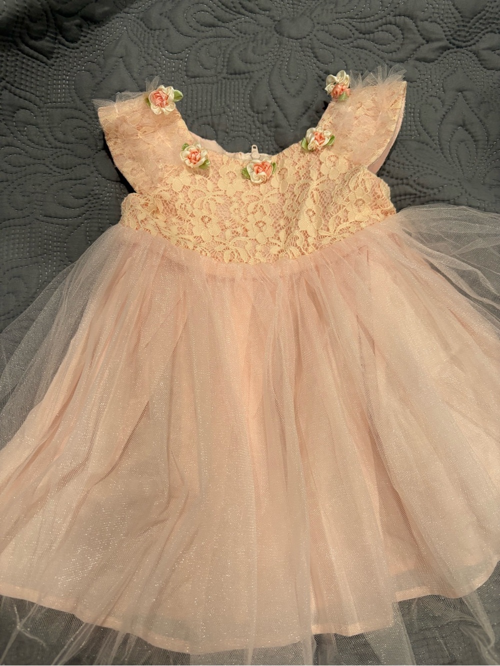 Popatu Peach Lace Tulle Flower Dress
